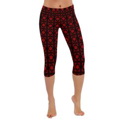Abstract Flowing * Red on Black Women's Low Rise Capri Leggings (Invisible Stitch) (Model L08)