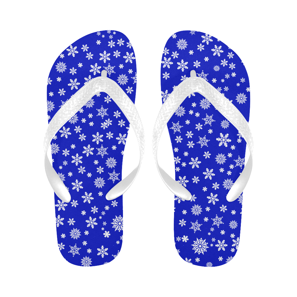 Christmas White Snowflakes on Blue Flip Flops for Men/Women (Model 040)