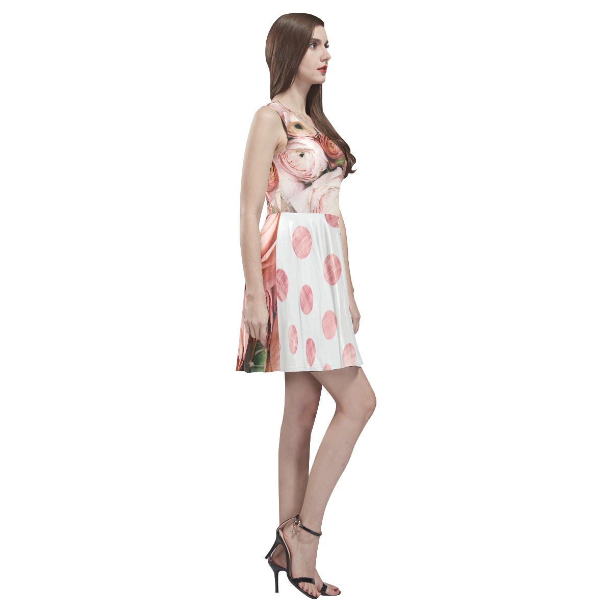 Pink Polka Dot Dress D19 2 Thea Sleeveless Skater Dress(Model D19)