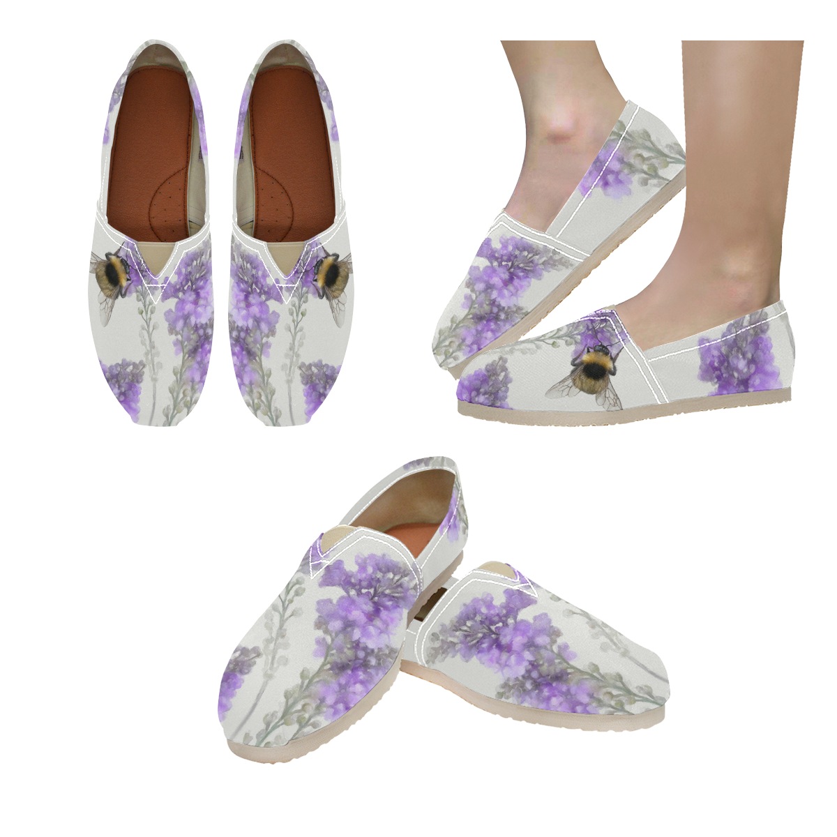 Bumblebee on Violet Flowers, floral watercolor Women's Classic Canvas Slip-On (Model 1206)