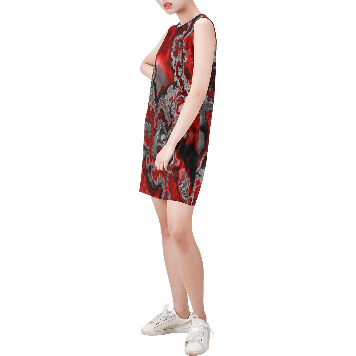 awesome fractal marbled 07 Sleeveless Round Neck Shift Dress (Model D51)