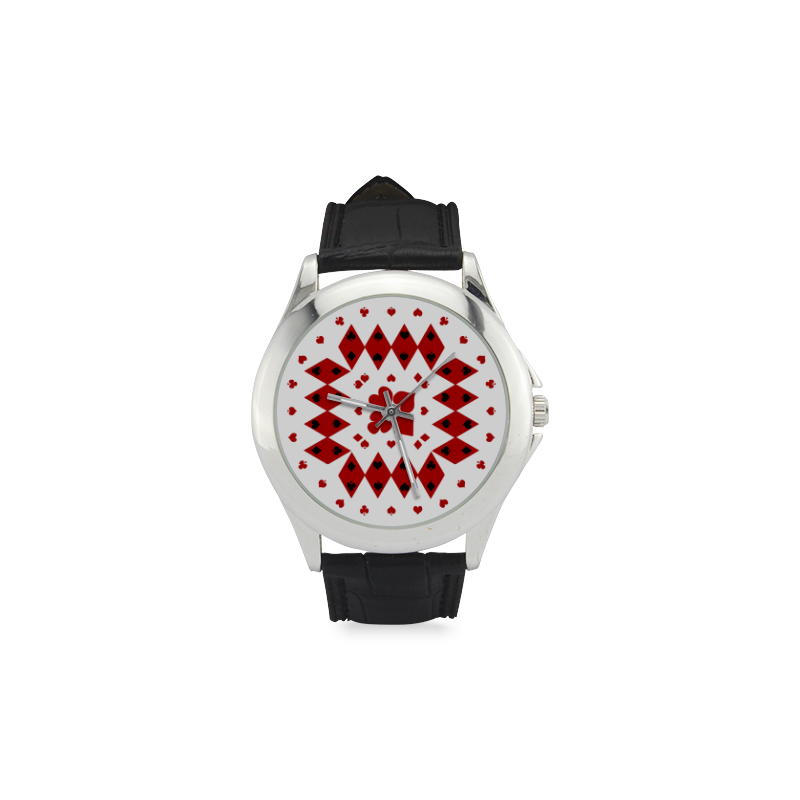 Black and Red Playing Card Shapes Round on White Women's Classic Leather Strap Watch(Model 203)