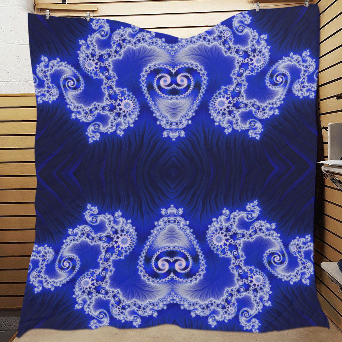Blue and White Hearts  Lace Fractal Abstract Quilt 70"x80"
