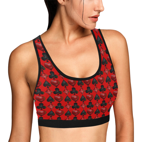 Las Vegas Black and Red Casino Poker Card Shapes on Red Women's All Over Print Sports Bra (Model T52)