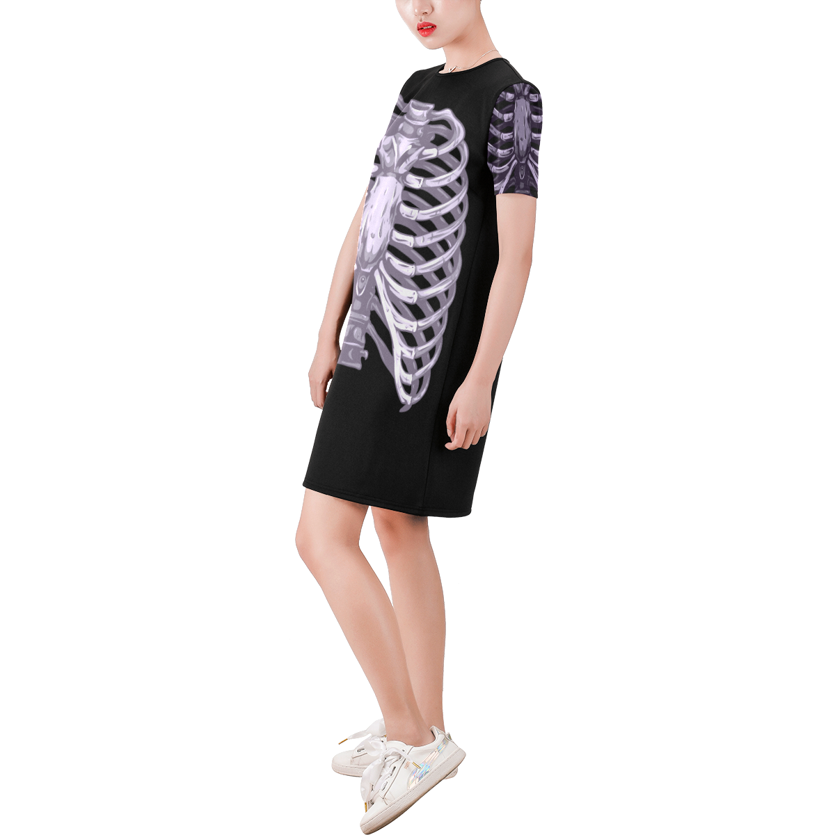 skeletor Short-Sleeve Round Neck A-Line Dress (Model D47)