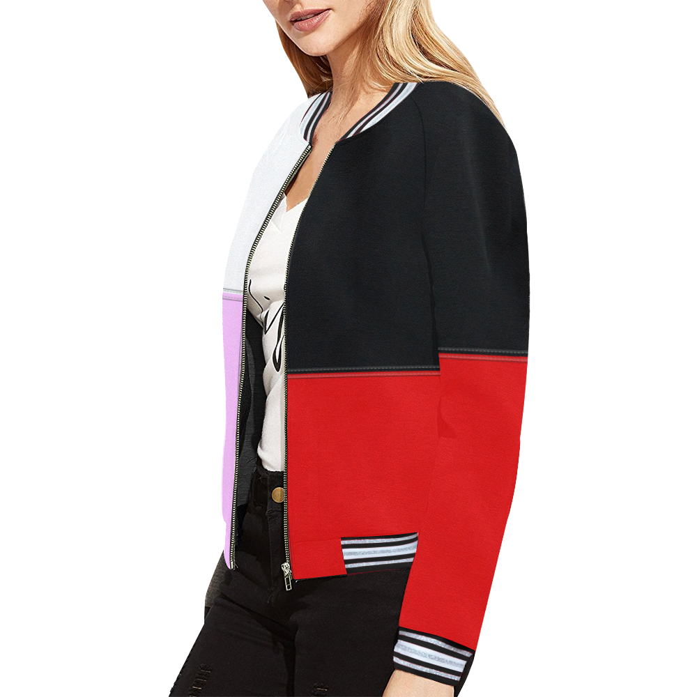 Red, Black and Pink Blocks All Over Print Bomber Jacket for Women (Model H21)