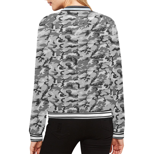 Woodland Urban City Black/Gray Camouflage All Over Print Bomber Jacket for Women (Model H21)