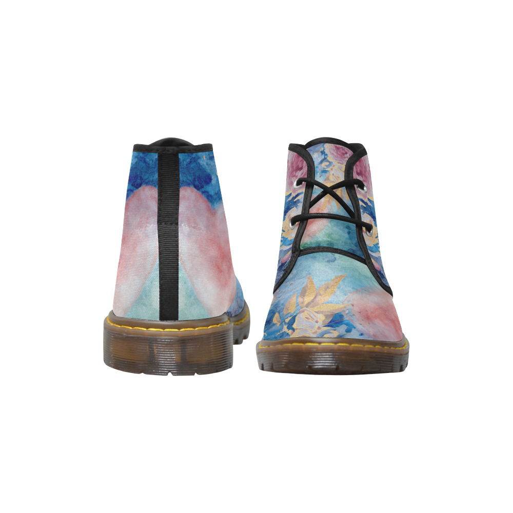 Heart and Flowers - Pink and Blue Women's Canvas Chukka Boots (Model 2402-1)