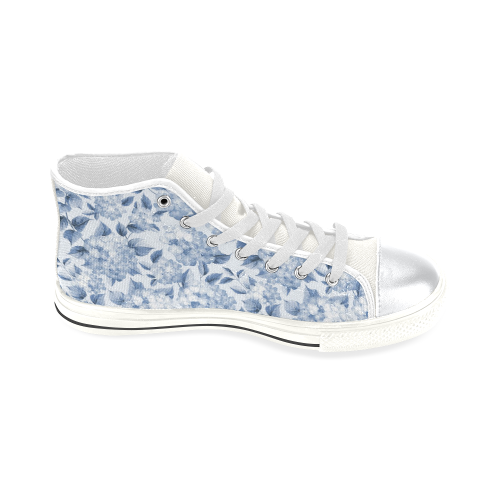 Blue and White Floral Pattern High Top Canvas Shoes for Kid (Model 017)