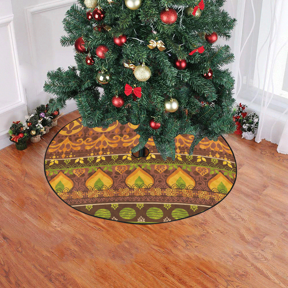 Ethnic Bohemian Brown, Orange, and Green Christmas Tree Skirt 47" x 47"