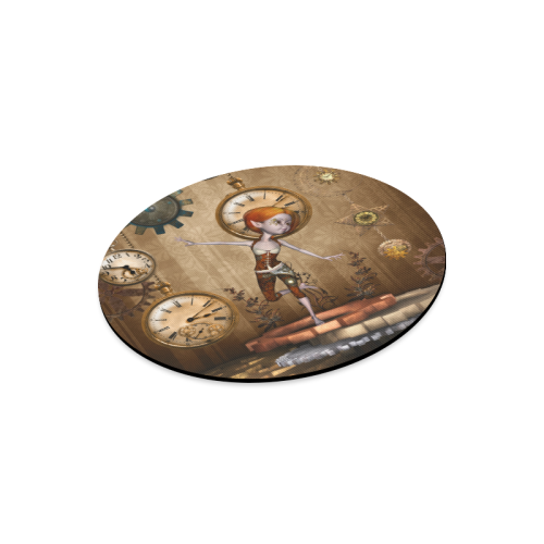 Steampunk girl, clocks and gears Round Mousepad