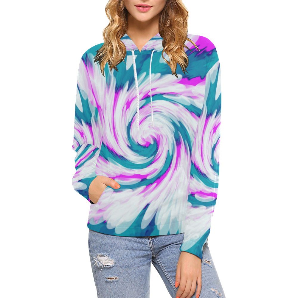 Turquoise Pink Tie Dye Swirl Abstract All Over Print Hoodie for Women (USA Size) (Model H13)