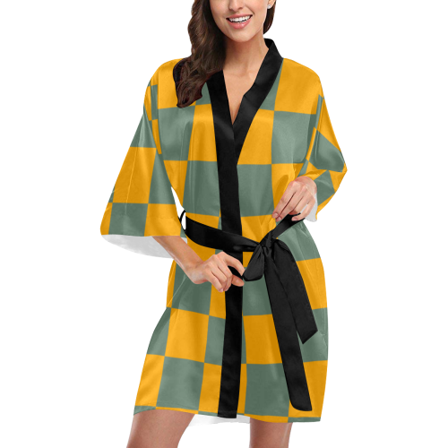 Yellow-Green Checkered Kimono Robe