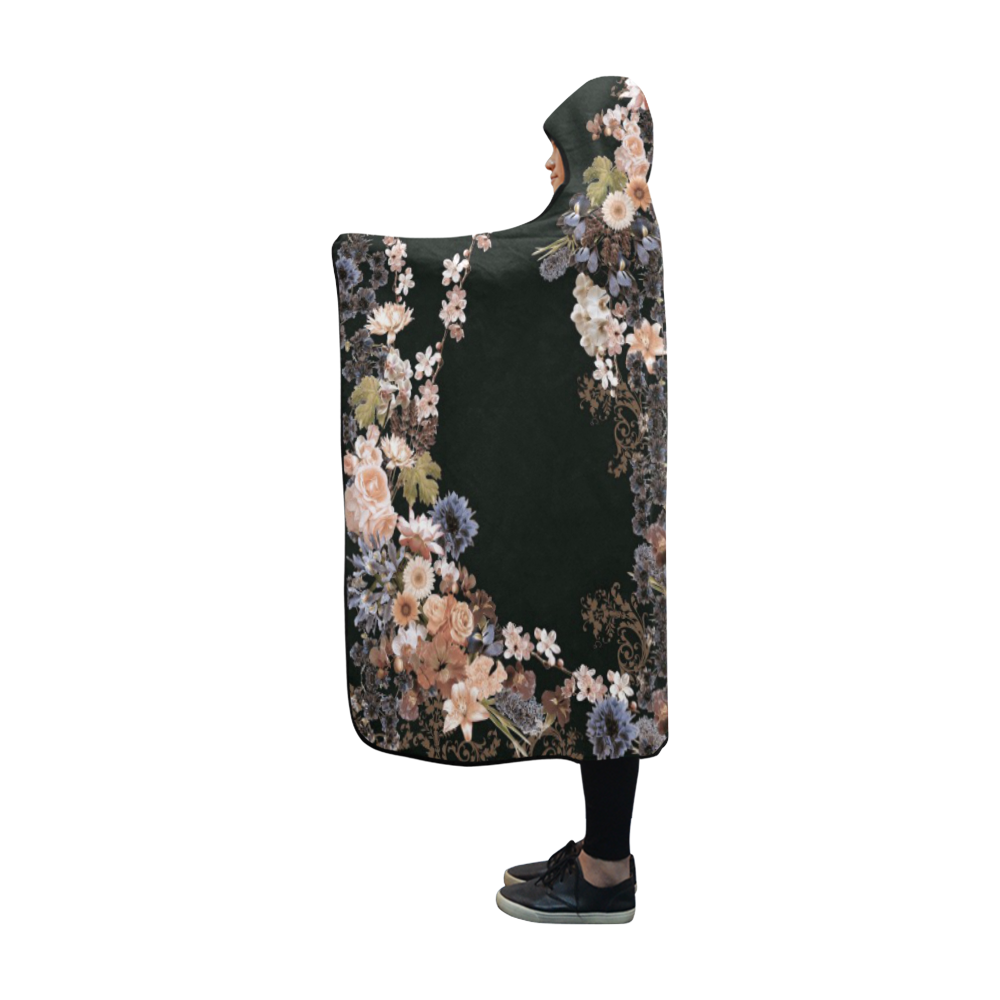 floral-black and peach Hooded Blanket 60''x50''