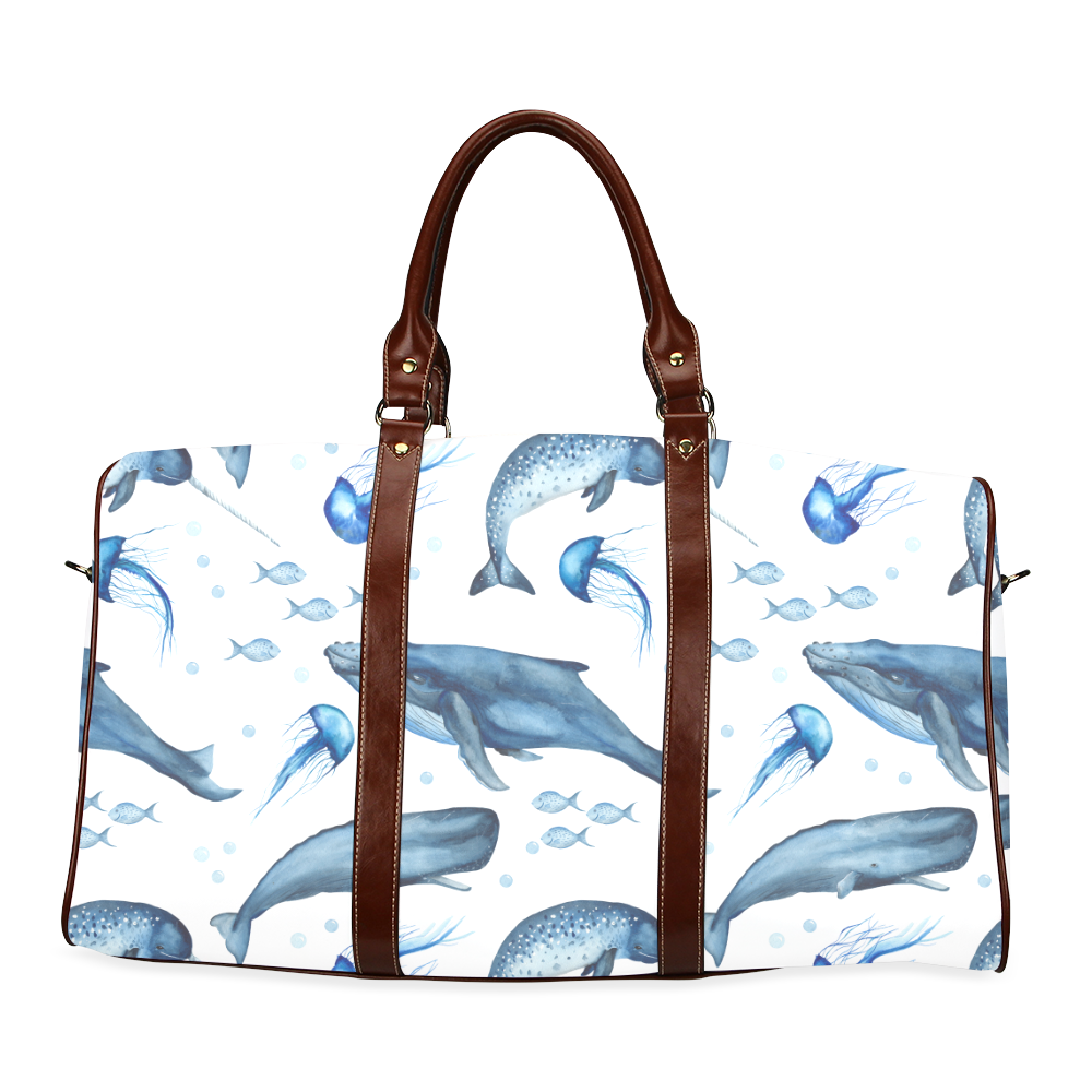 Billy Blue-white watercolor pattern with whales jellyfish by PiccoGrande Waterproof Travel Bag/Small (Model 1639)