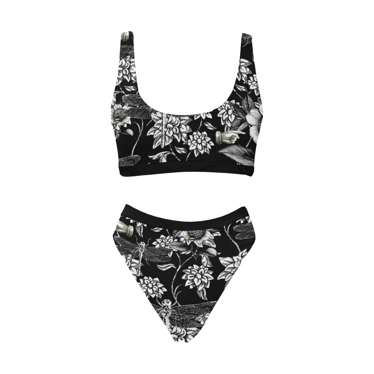 Black and White Nature Garden Sport Top & High-Waisted Bikini Swimsuit (Model S07)