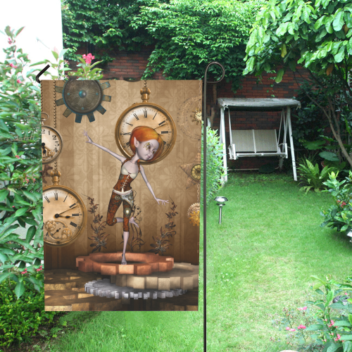 Steampunk girl, clocks and gears Garden Flag 28''x40'' （Without Flagpole）