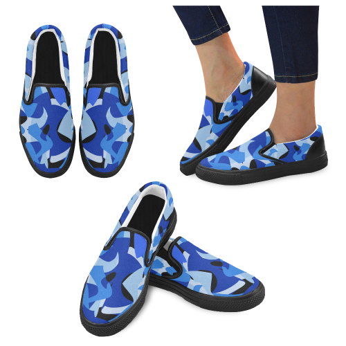 Camouflage Abstract Blue and Black Men's Slip-on Canvas Shoes (Model 019)