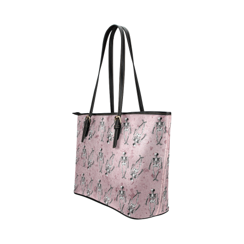 skeleton pink background Leather Tote Bag/Large (Model 1651)