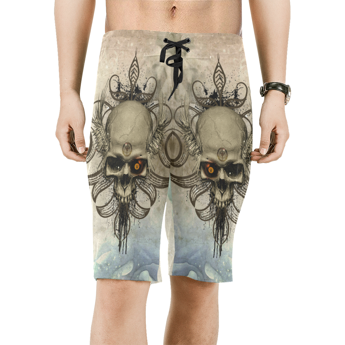Creepy skull, vintage background Men's All Over Print Board Shorts (Model L16)