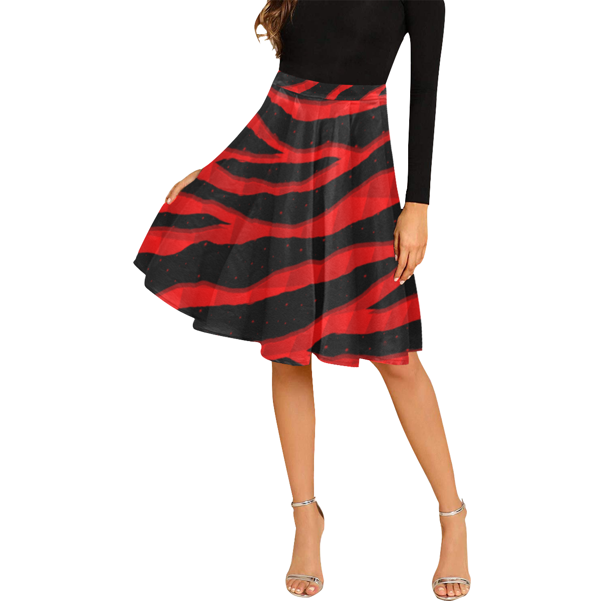 Ripped SpaceTime Stripes - Red Melete Pleated Midi Skirt (Model D15)