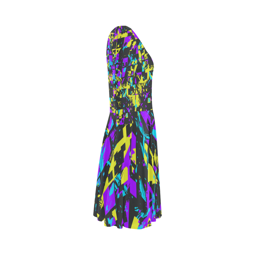 Purple yelllow squares Elbow Sleeve Ice Skater Dress (D20)