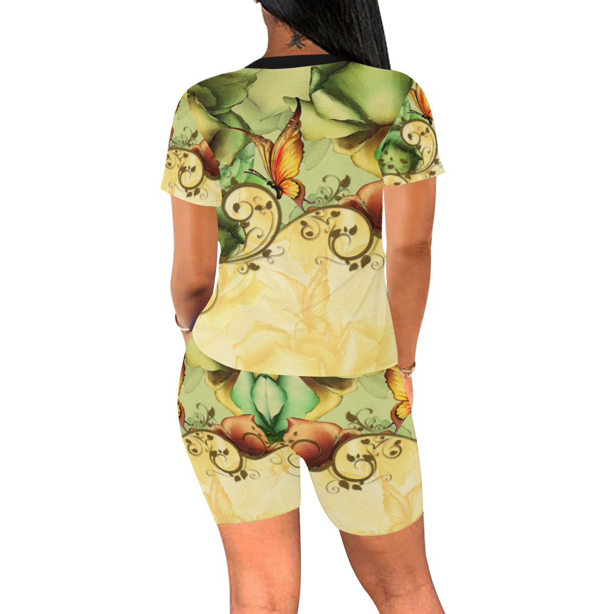Colorful flowers with butterflies Women's Short Yoga Set