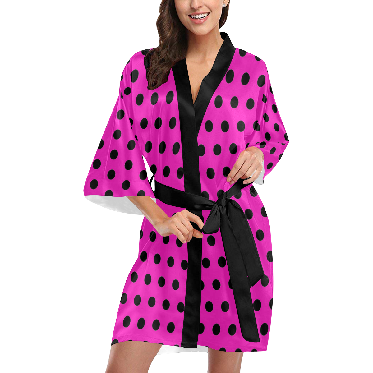 Hot Pink Black Polka Dots Kimono Robe