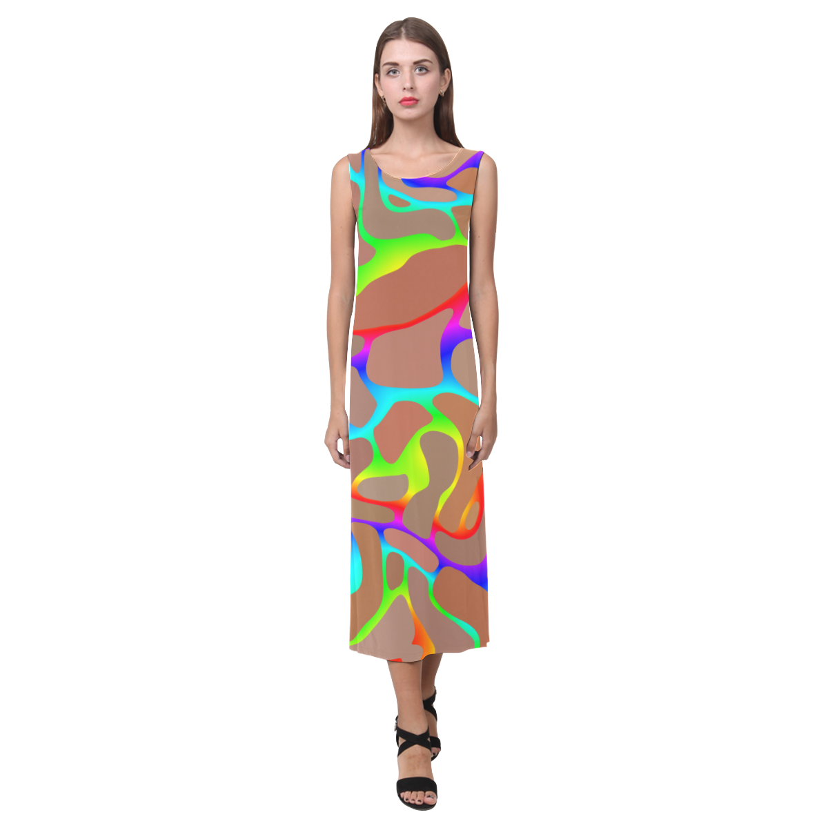 Colorful wavy shapes Phaedra Sleeveless Open Fork Long Dress (Model D08)