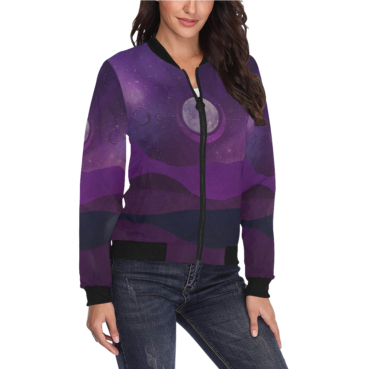 Purple Moon Night All Over Print Bomber Jacket for Women (Model H36)