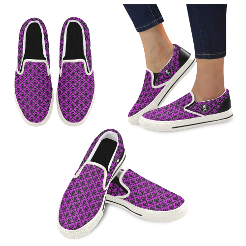LADIES_SKULL_PINK_WHT Women's Unusual Slip-on Canvas Shoes (Model 019)