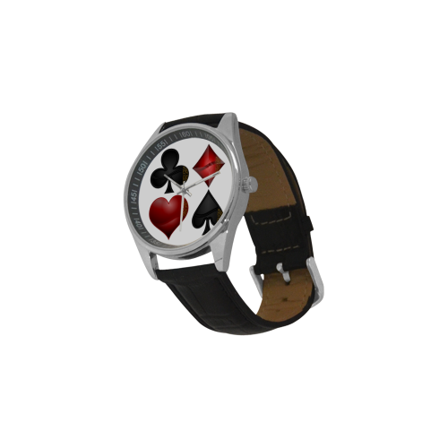 Las Vegas Black and Red Casino Poker Card Shapes (White) Men's Casual Leather Strap Watch(Model 211)