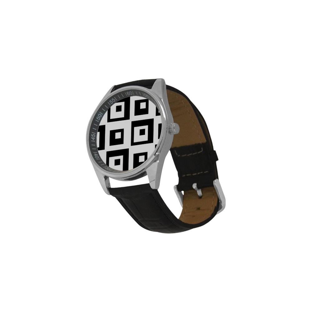 Black & White Cubes Men's Casual Leather Strap Watch(Model 211)