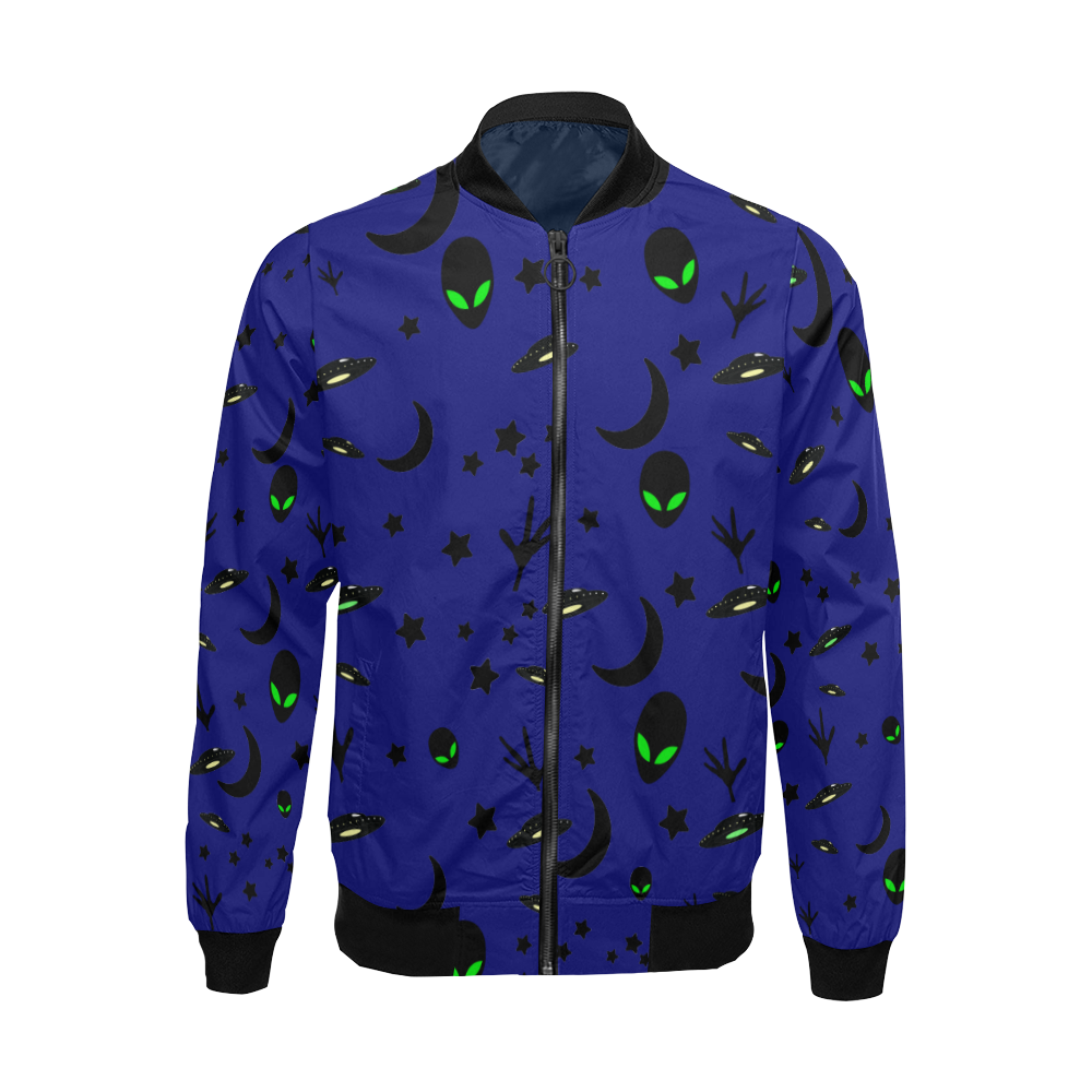 Alien Flying Saucers Stars Pattern on Blue All Over Print Bomber Jacket for Men/Large Size (Model H19)