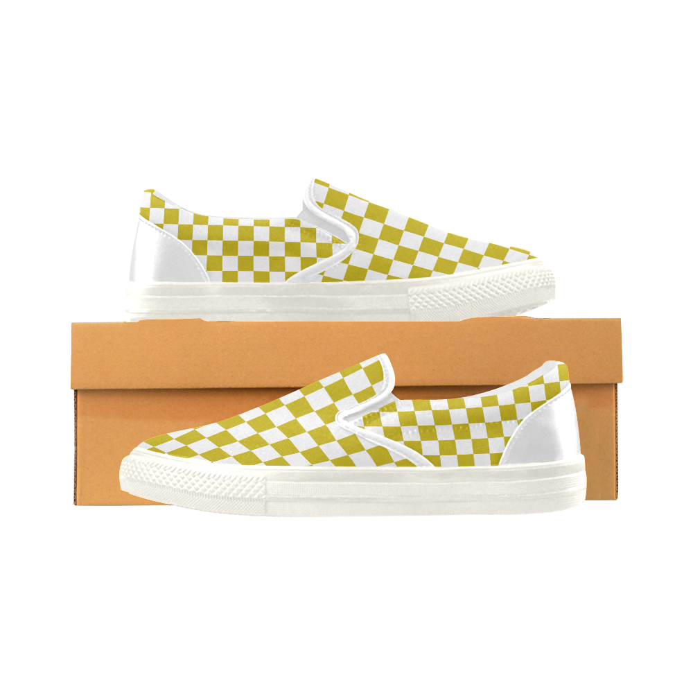 Checkerboard Gold and White Men's Slip-on Canvas Shoes (Model 019)
