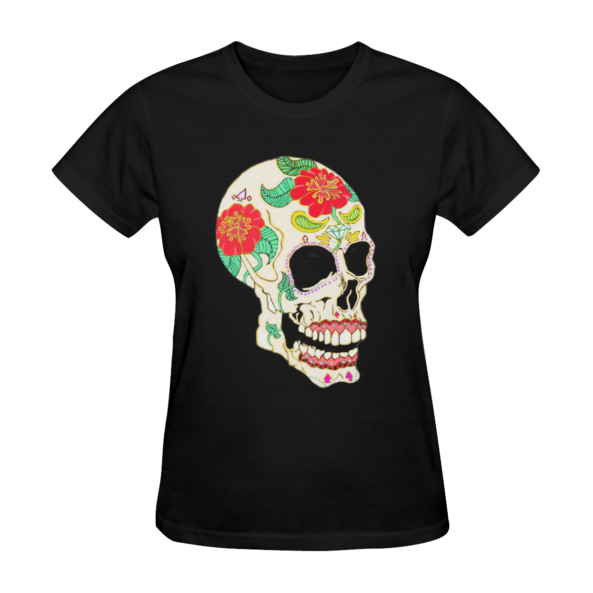 Flower Sugar Skull Black Women's T-Shirt in USA Size (Two Sides Printing)