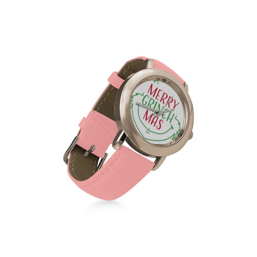 Merry Grinchmas CHRISTMAS WHITE Women's Rose Gold Leather Strap Watch(Model 201)