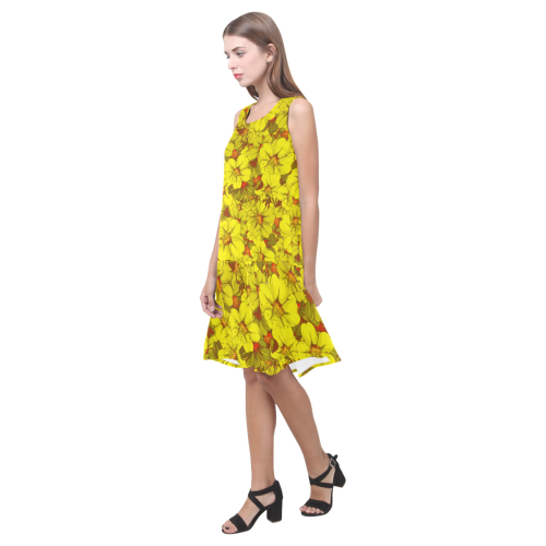 Yellow flower pattern Sleeveless Splicing Shift Dress(Model D17)