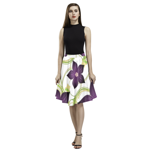 Purple Floral Garden Melete Pleated Midi Skirt (Model D15)