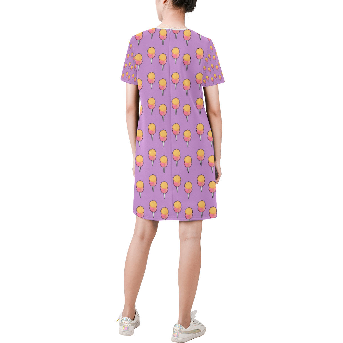 cotton candy pattern violet Short-Sleeve Round Neck A-Line Dress (Model D47)