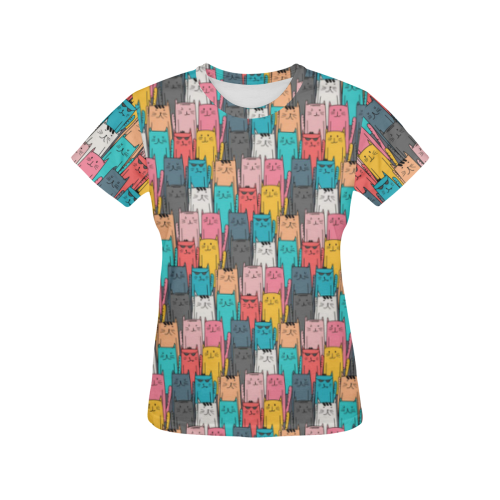 Cartoon Cat Pattern All Over Print T-Shirt for Women (USA Size) (Model T40)