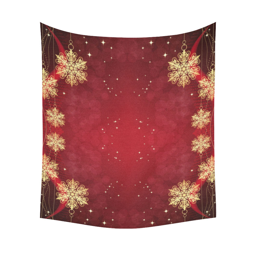 Golden Christmas Snowflake Ornaments on Red Cotton Linen Wall Tapestry 51"x 60"
