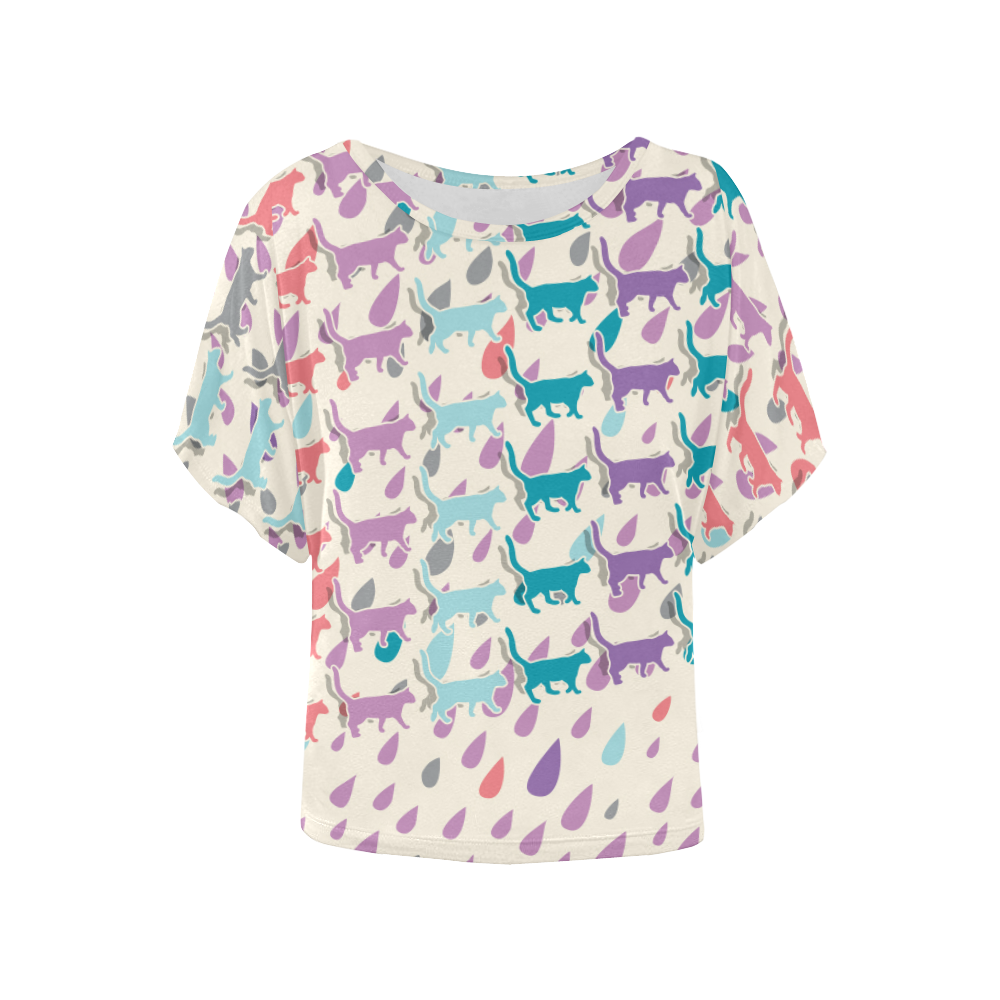 Strolling cats and Raindrops Women's Batwing-Sleeved Blouse T shirt (Model T44)