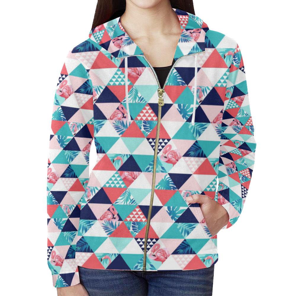 Flamingo Triangle Pattern All Over Print Full Zip Hoodie for Women (Model H14)