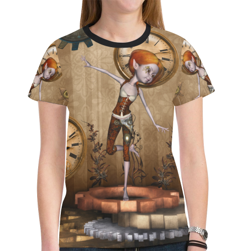 Steampunk girl, clocks and gears New All Over Print T-shirt for Women (Model T45)