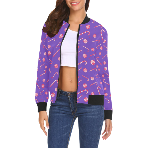 Candy CANE CHRISTMAS Pattern PURPLE All Over Print Bomber Jacket for Women (Model H19)