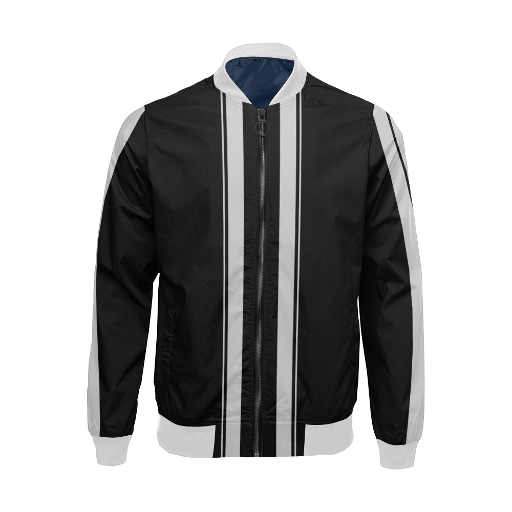 Racing Stripe Black on Silver / Gray All Over Print Bomber Jacket for Men/Large Size (Model H19)