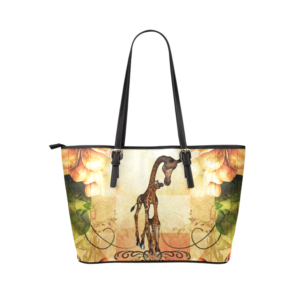 Cute giraffe mum with baby Leather Tote Bag/Small (Model 1651)