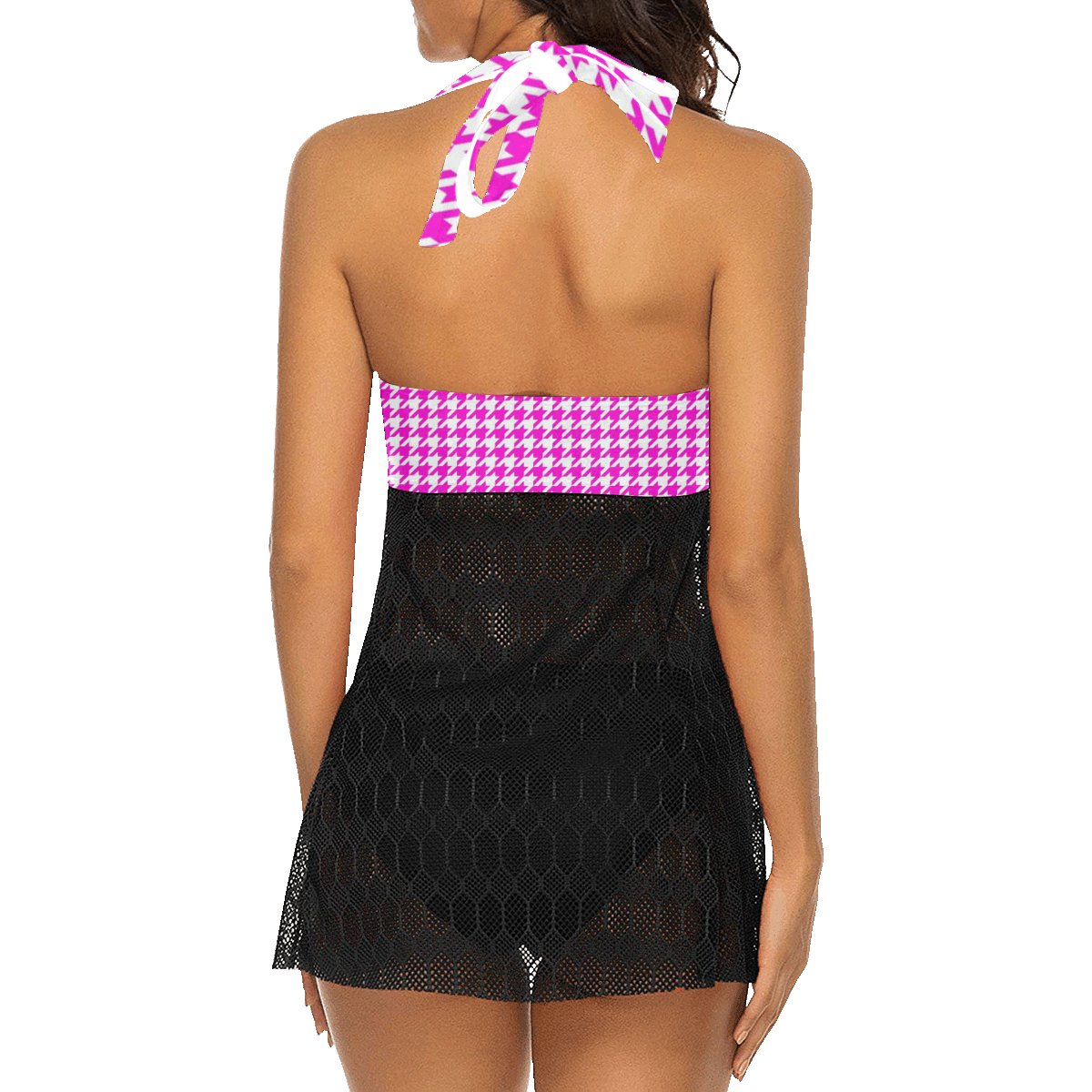 Friendly Houndstooth Pattern,pink by FeelGood Women's Swim Dress (Model S12)