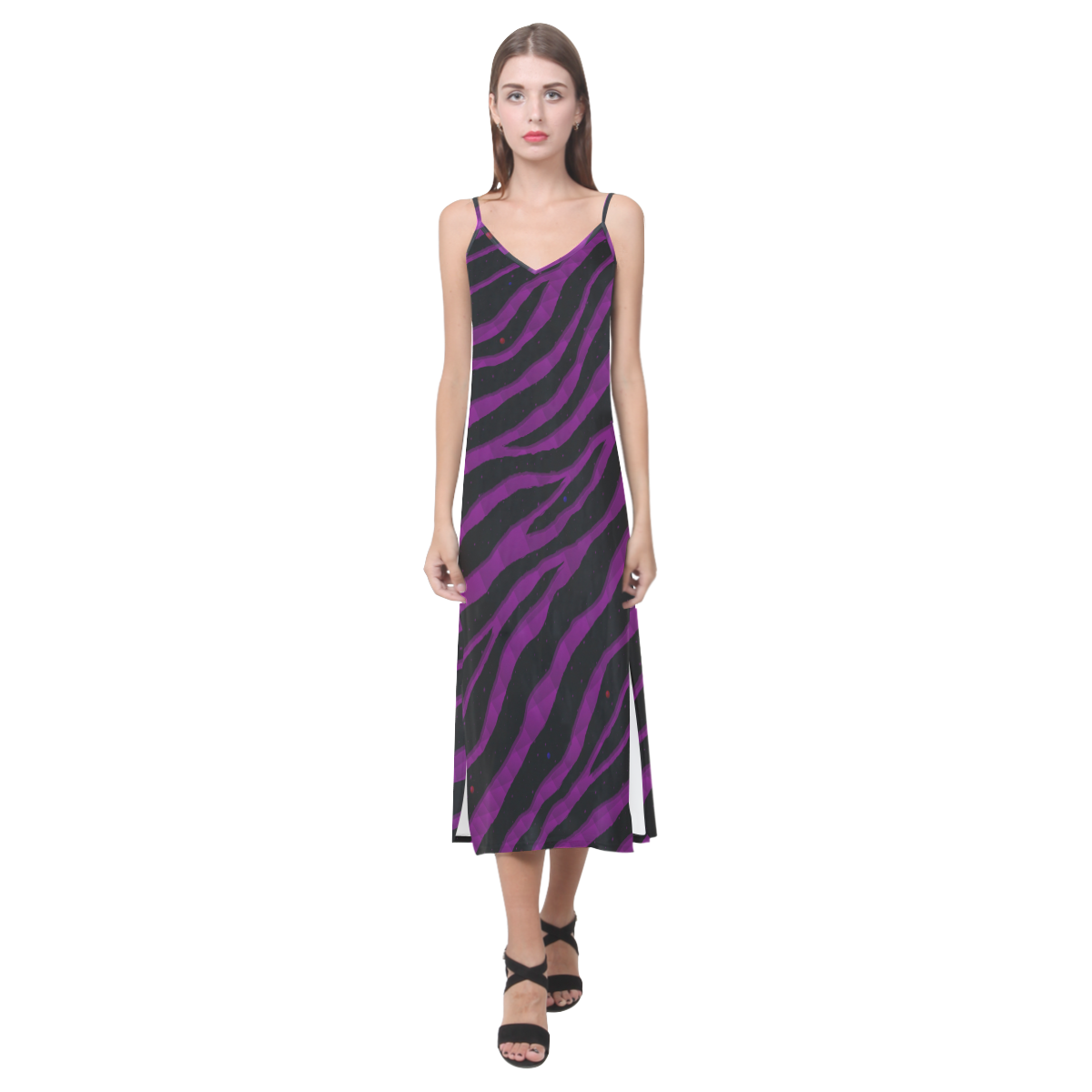Ripped SpaceTime Stripes - Purple V-Neck Open Fork Long Dress(Model D18)